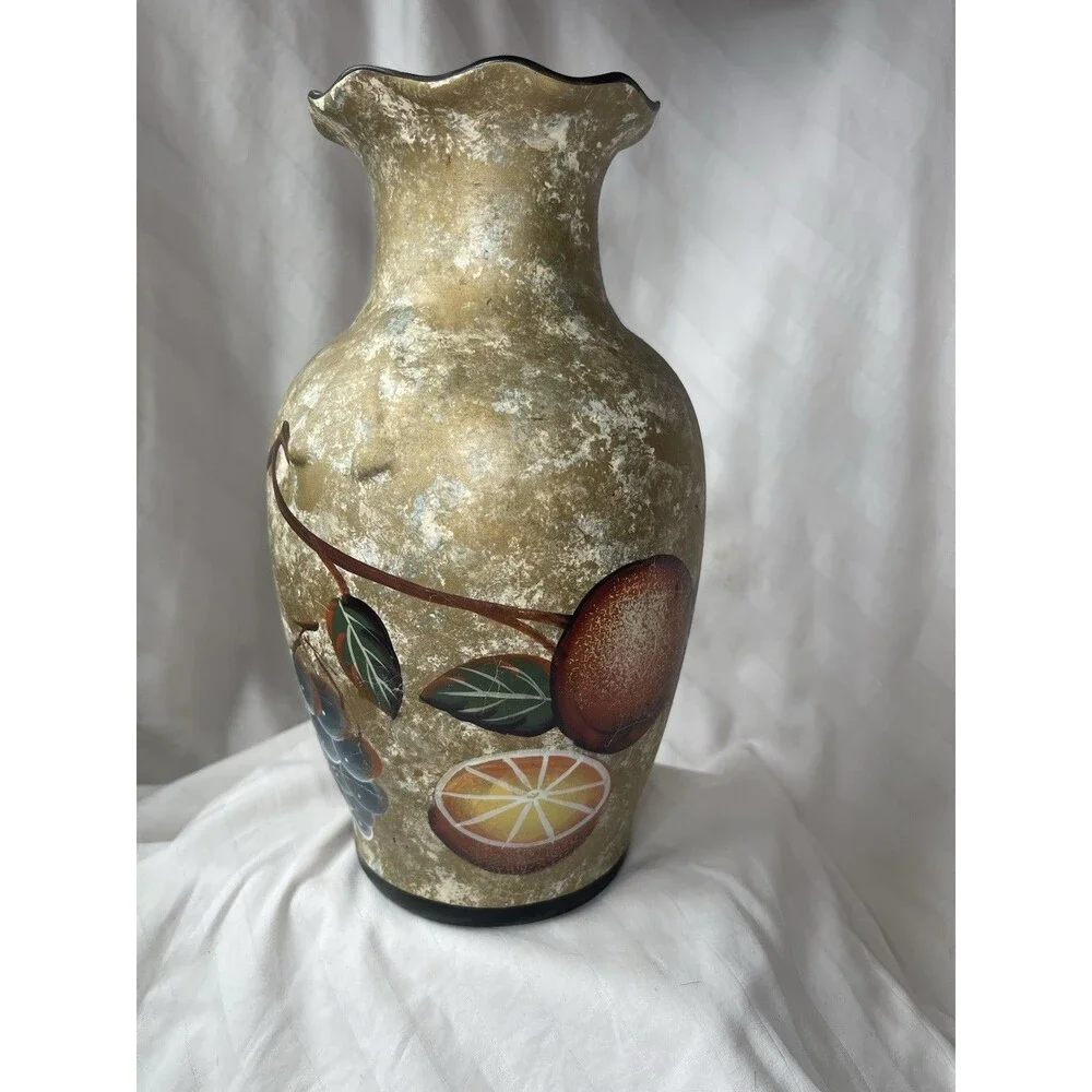 Ariston Gifts Inc Glass Art Vase, Fruit Pattern, Matte Gold Finish, 12 in